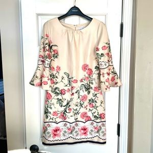 Cream and pink floral dress with bell sleeves